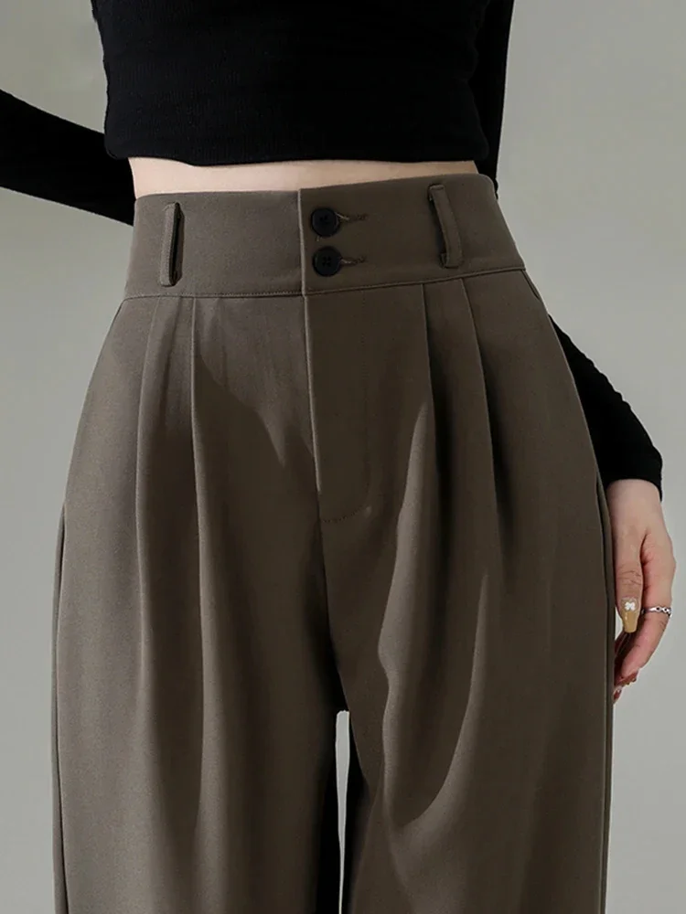 Classic Loose Straight Fashion Simple Women's High-waisted Wide-leg Pants New Coffee with Double Button Casual Female Suit Pants