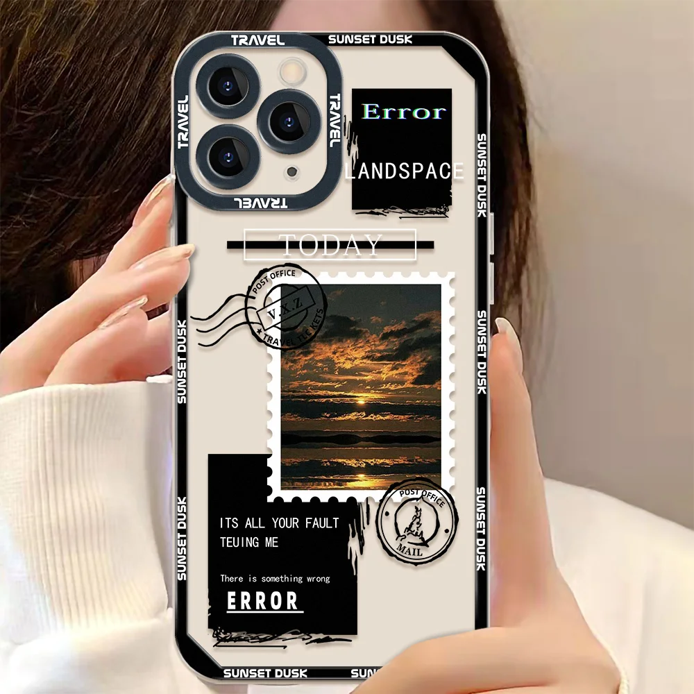 Landscape Stamp Label Phone Case For iPhone 11 13 14 15 Pro Max 12 Mini Cases iPhone 7 8 Plus XS XR SE 2022 2020 Soft Back Cover