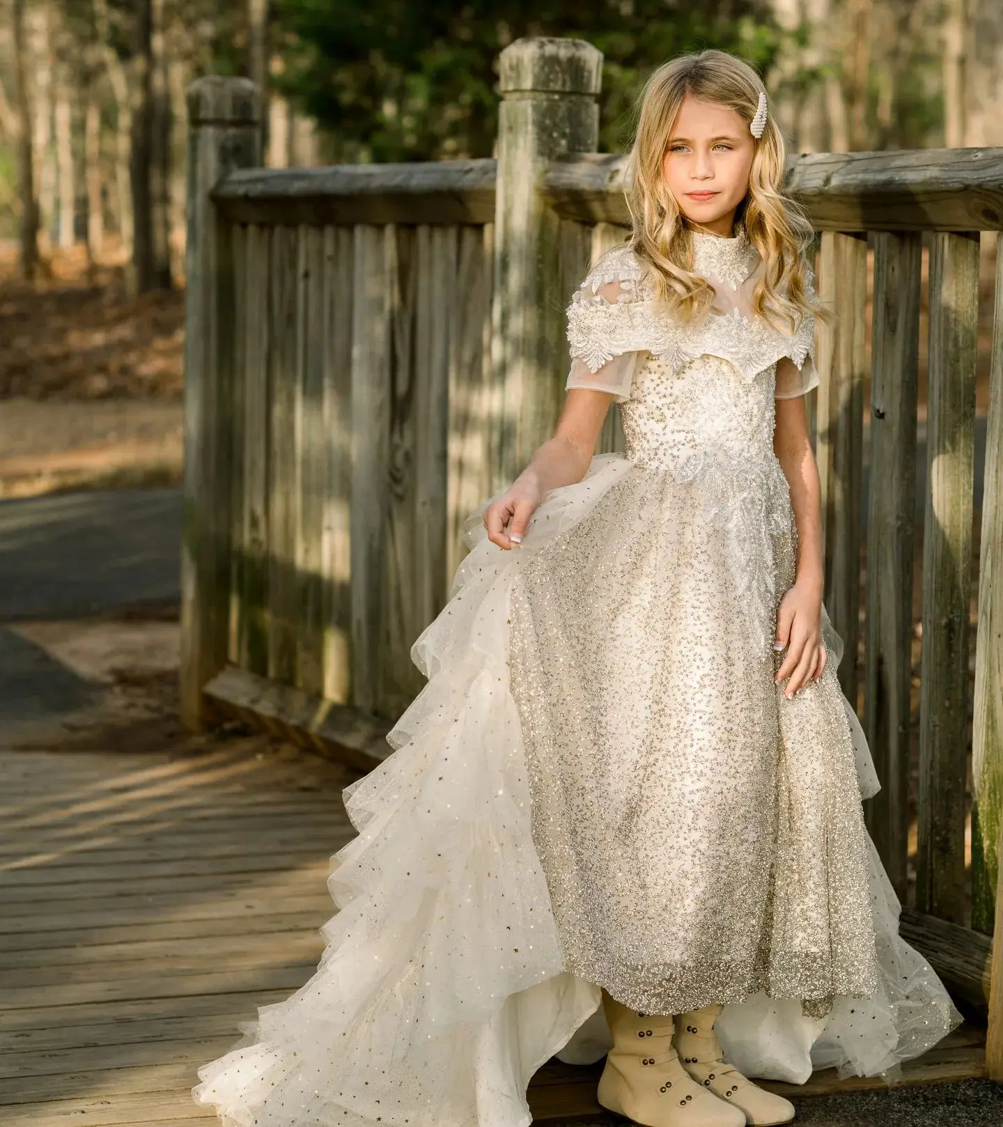 

Ivory A Line Flower Girl Dresses Luxury Beads High Neck Children Birthday Gowns Tiered Ruffles Kids First Communion Dresses