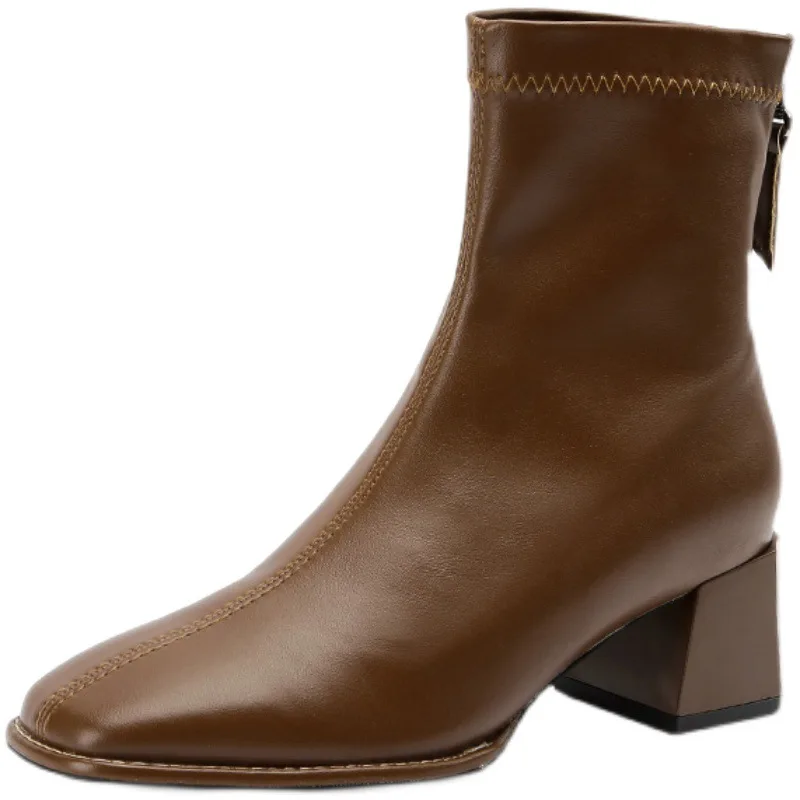 New Womens Ankle Boots Spring Autumn Korean Style Fashion Back Zip High Heels Solid Colour Square Toe Shoes Botas Para Mujer