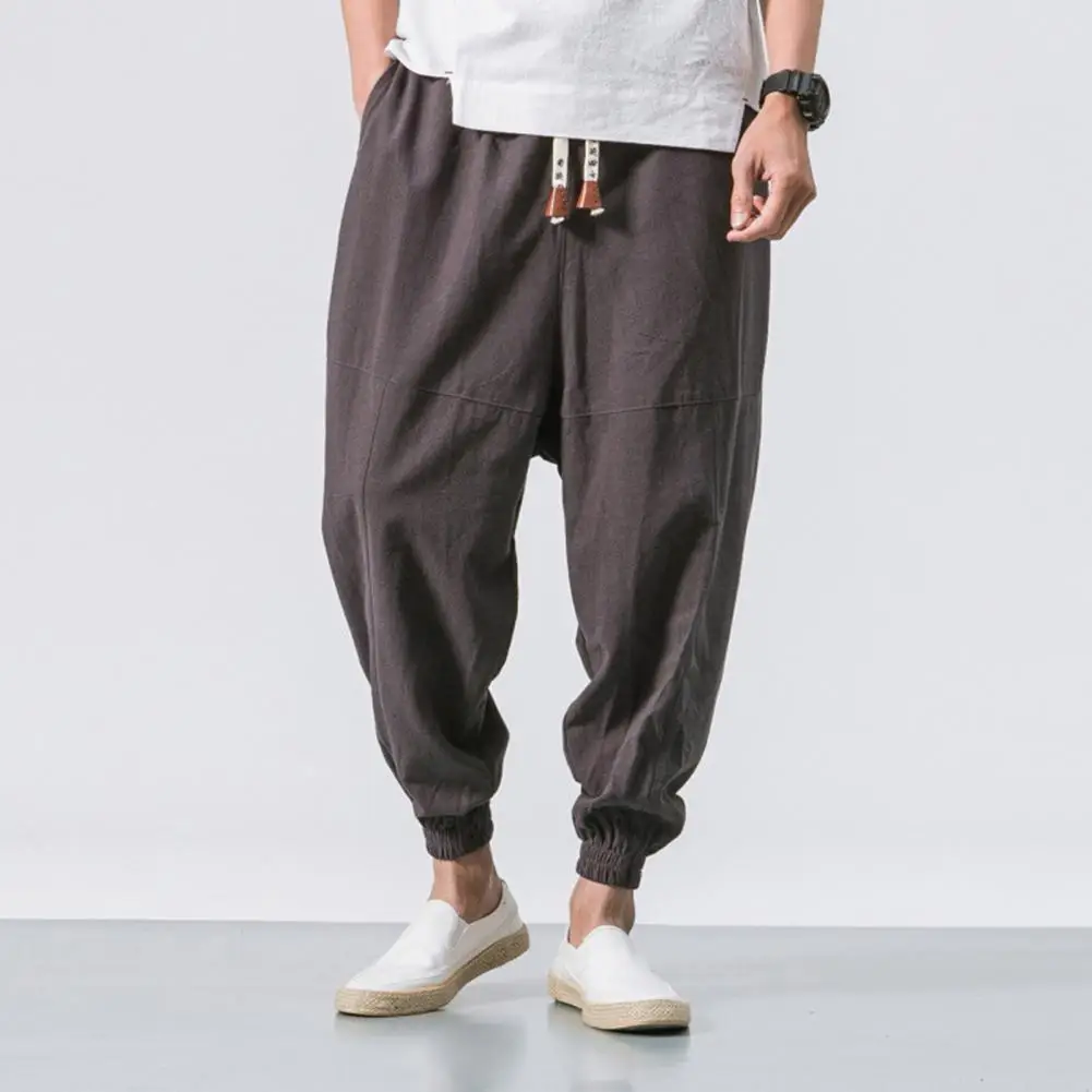 Elastic Waist Trousers Japanese Style Men's Harem Pants with Deep Crotch Ankle Length Pockets for Casual Daily Wear in Plus Size 2