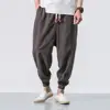 Elastic Waist Trousers Japanese Style Men's Harem Pants with Deep Crotch Ankle Length Pockets for Casual Daily Wear in Plus Size 2