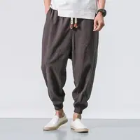 Elastic Waist Trousers Japanese Style Men's Harem Pants with Deep Crotch Ankle Length Pockets for Casual Daily Wear in Plus Size 2