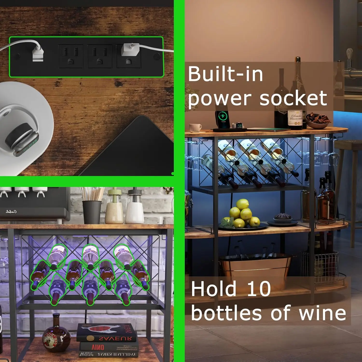 Wine Cabinet Bar Cart Table with Power Socket and LED Light,Three Tiers Coffee Bar Table Wine Rack Liqour Bar with Large Storage