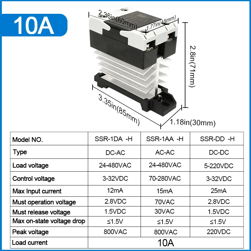 DEWIN Halfgeleiderrelais DIN-rail, solid-state relais DC 3-32V besturing AC 24-480V eenfasig SSR-relais met koellichaam DIN-railmontage 80A