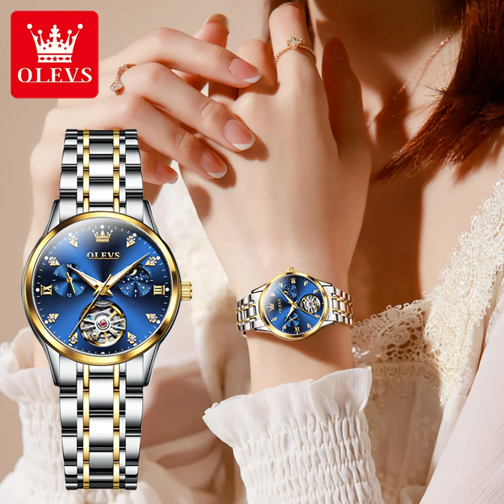 OLEVS 6608 Automatic Watch Woman Moonswatch Mechanical Watch For Women Hollow Original Diamond Luxury Wristwatch Waterproof