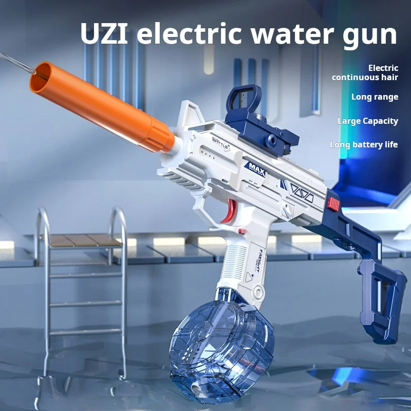 Electric Uzi Water Gun Continuous Firing Summer Pool Toys Gun with Sights Silencer Outdoor Fun Cs Game Prop For Kids Gift