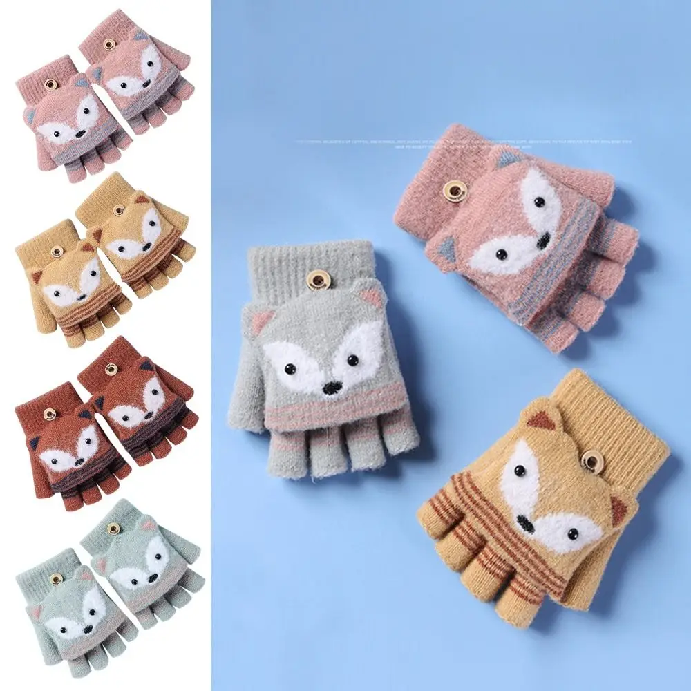 Thick Autumn Winter Cute Warm Gloves Children Mittens Flip Fingerless Gloves Knitted