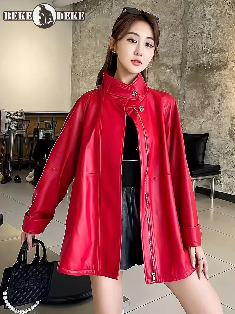 

Stand Collar Women Genuine Leather Jacket Loose Fit High Street Zipper Middle Length Sheepskin Coat Casual Windbreakers Female