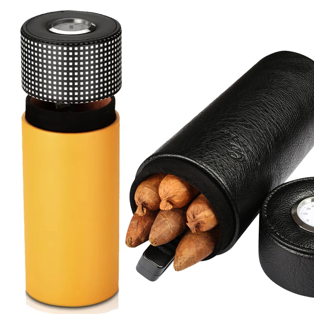 Leather Cigar Tube Jar Portable Cedar Wood Humidor Box Cigar Case W/ Humidifer Hygrometer Fit 5 Cigars Humidor