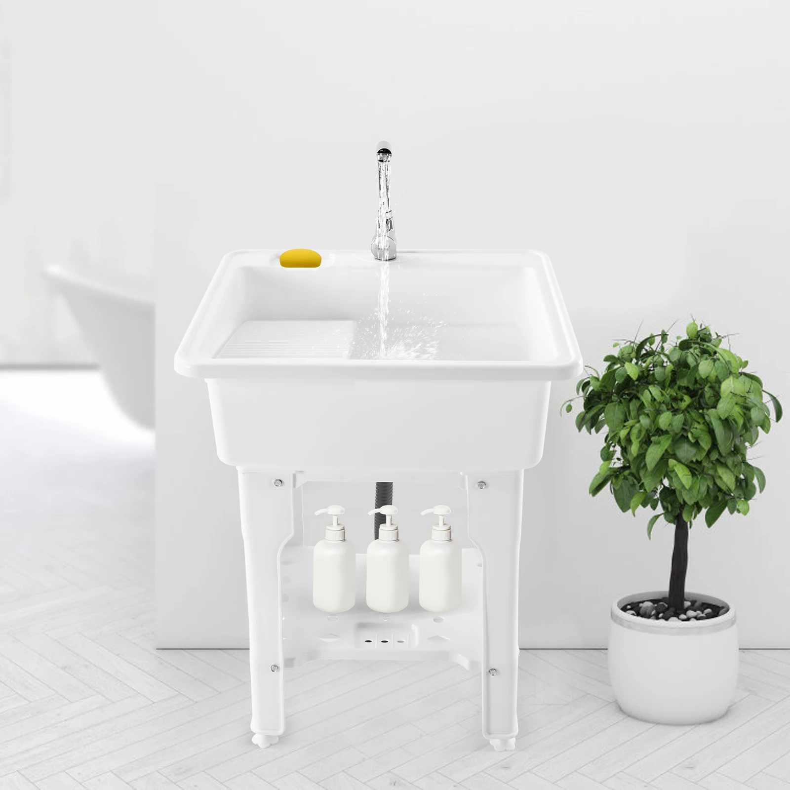 Freestanding Utility Sink w/ Washboard Floor Mount Hot + Cold Faucet Kit White Durable Laundry Sink Wash Bowl Basin Faucet Drain 3