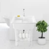 Freestanding Utility Sink w/ Washboard Floor Mount Hot + Cold Faucet Kit White Durable Laundry Sink Wash Bowl Basin Faucet Drain 3