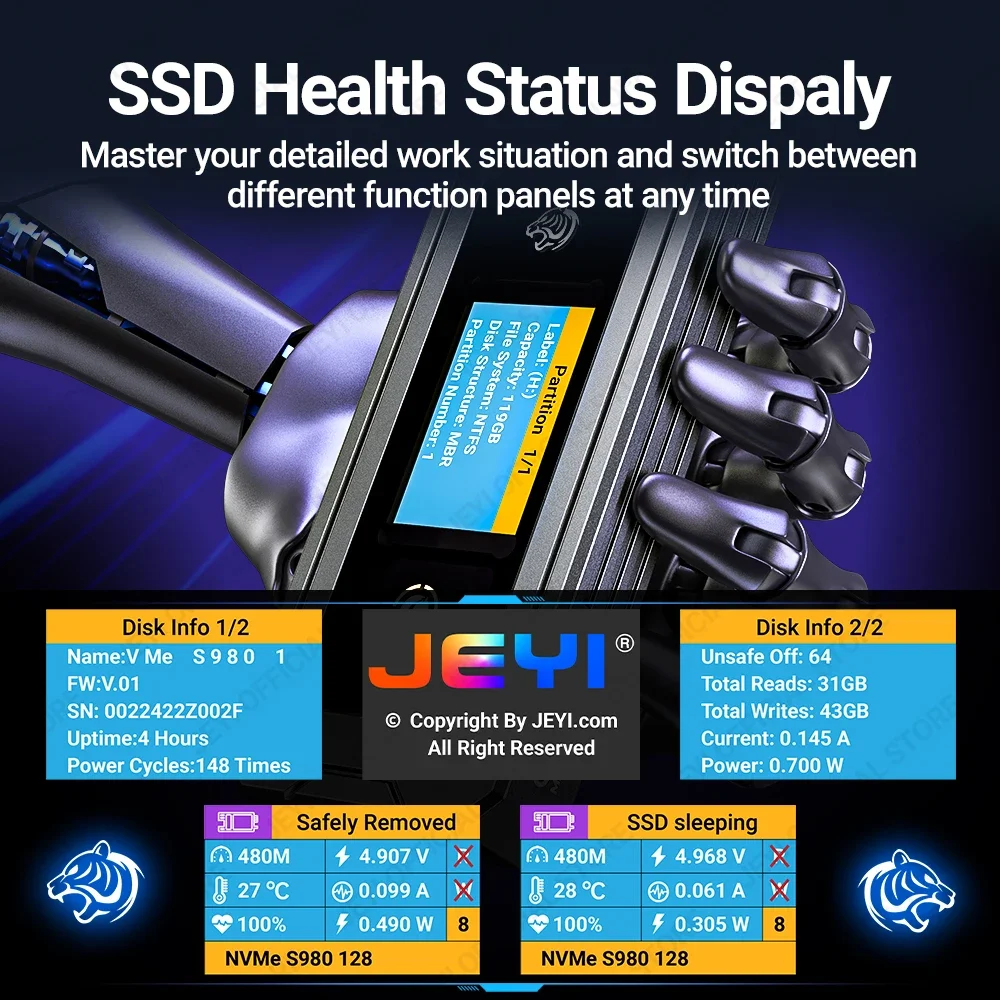 SSD Enclosure Hard Drive Enclosure JEYI Visual Smart M.2 NVMe / SATA SSD Enclosure USB 3.2 10Gbps 10 Set Modes Real-time temperature Support M-Key B+M Key UASP