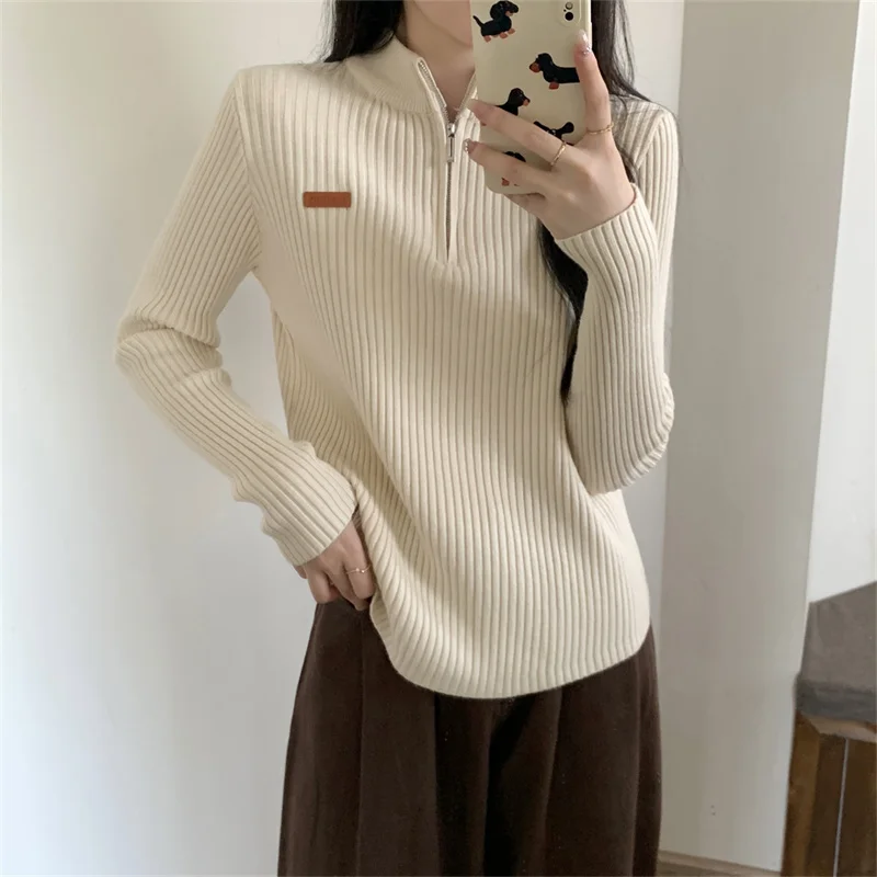 

Korean Half High Collar Zipper Pullovers Women Winter New Solid Long Sleeve Loose Knitted Sweaters Casual Female Y2k Tops T542