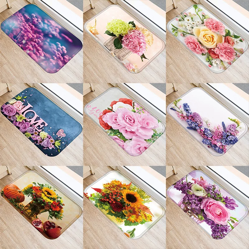 

Flower Pattern Kitchen Entrance Door Mat 40*60cm Coral Velvet Carpet Rubber Colorful Indoor Floor Mats Non-Anti-Slip Rug 48259-2