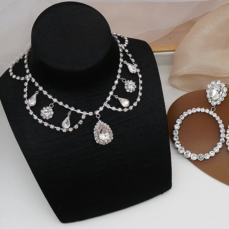 

2023 New Luxury Rhinestone Choker Necklaces for Women Tassel Water Drop Zircon Crystal Necklaces Earring Wedding Banquet Jewelry