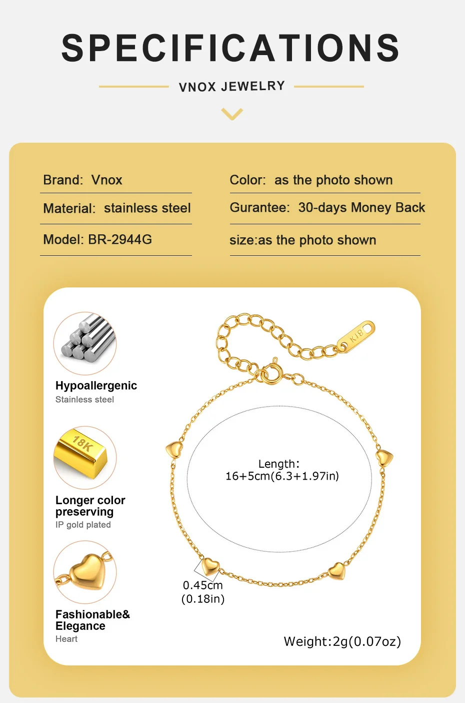 Vnox Minimalistisches 18K Vergoldetes Herzförmiges Kettenarmband für Frauen Rostfreier Stahl Tägliches Wasserdichtes Armband Schmuck – Detail 4
