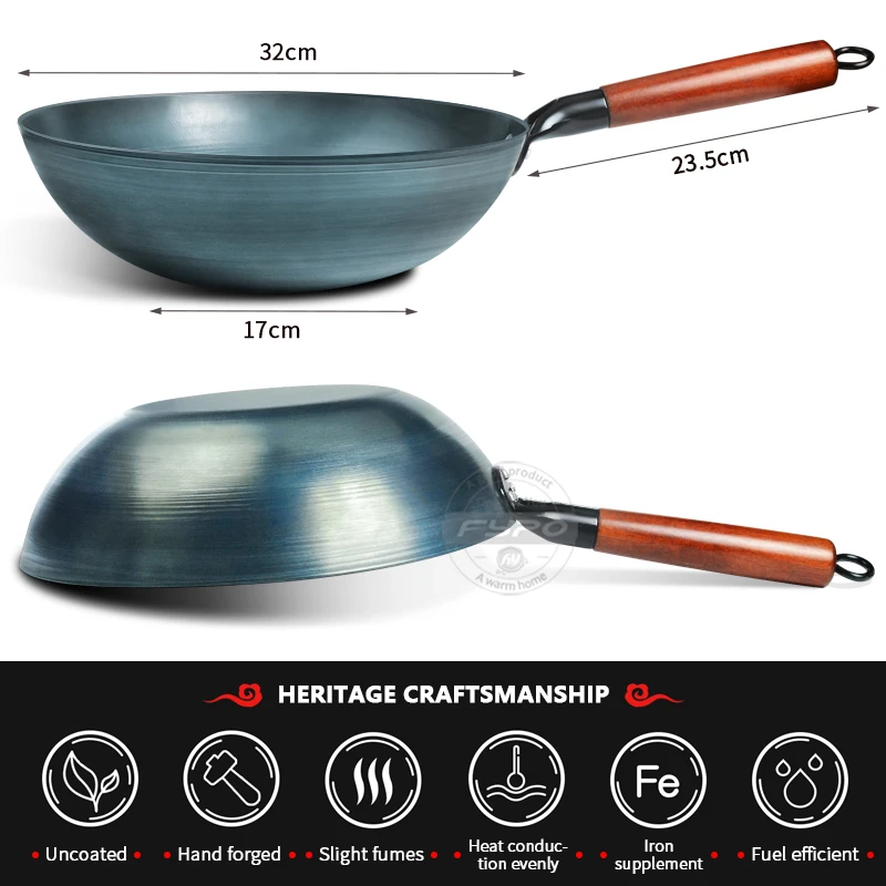 Iron Wok Chinese Seasoned Wok 32/34cm Iron Woks Chef Stir Fry Special Wok Pan Kitchen Cookware For Electric Induction and Gas Stoves