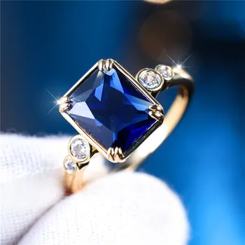 Luxury Female Blue Zircon Stone Square Ring Charm Yellow Gold Color Wedding Jewelry For Women
