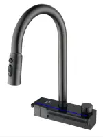 ก๊อกน้ำห้องครัวแบบดิจิตอลทรงเปียโน วัสดุทองเหลือง ดีไซน์ทันสมัย แบบก้านโยกเดี่ยว หัวฉีดโค้งสูง พร้อมหัวฉีดแบบดึงลงและไฟ LED 2