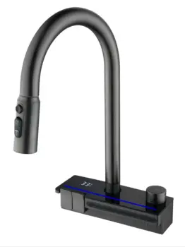 ก๊อกน้ำห้องครัวแบบดิจิตอลทรงเปียโน วัสดุทองเหลือง ดีไซน์ทันสมัย แบบก้านโยกเดี่ยว หัวฉีดโค้งสูง พร้อมหัวฉีดแบบดึงลงและไฟ LED 2