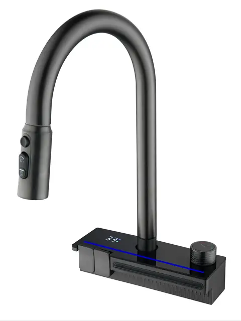 ก๊อกน้ำห้องครัวแบบดิจิตอลทรงเปียโน วัสดุทองเหลือง ดีไซน์ทันสมัย แบบก้านโยกเดี่ยว หัวฉีดโค้งสูง พร้อมหัวฉีดแบบดึงลงและไฟ LED 2