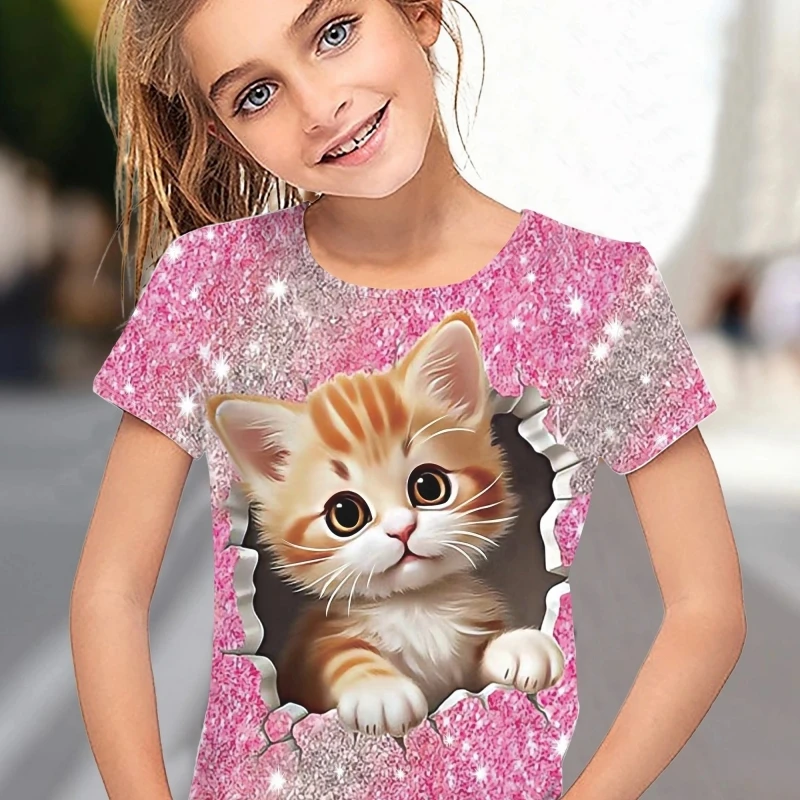 Children's Clothing Girl T-Shirt Short Sleeve 3D Cartoon Cat Print Kids Summer Clothes Fashion Cute Girl Clothes Polyester Tops 1