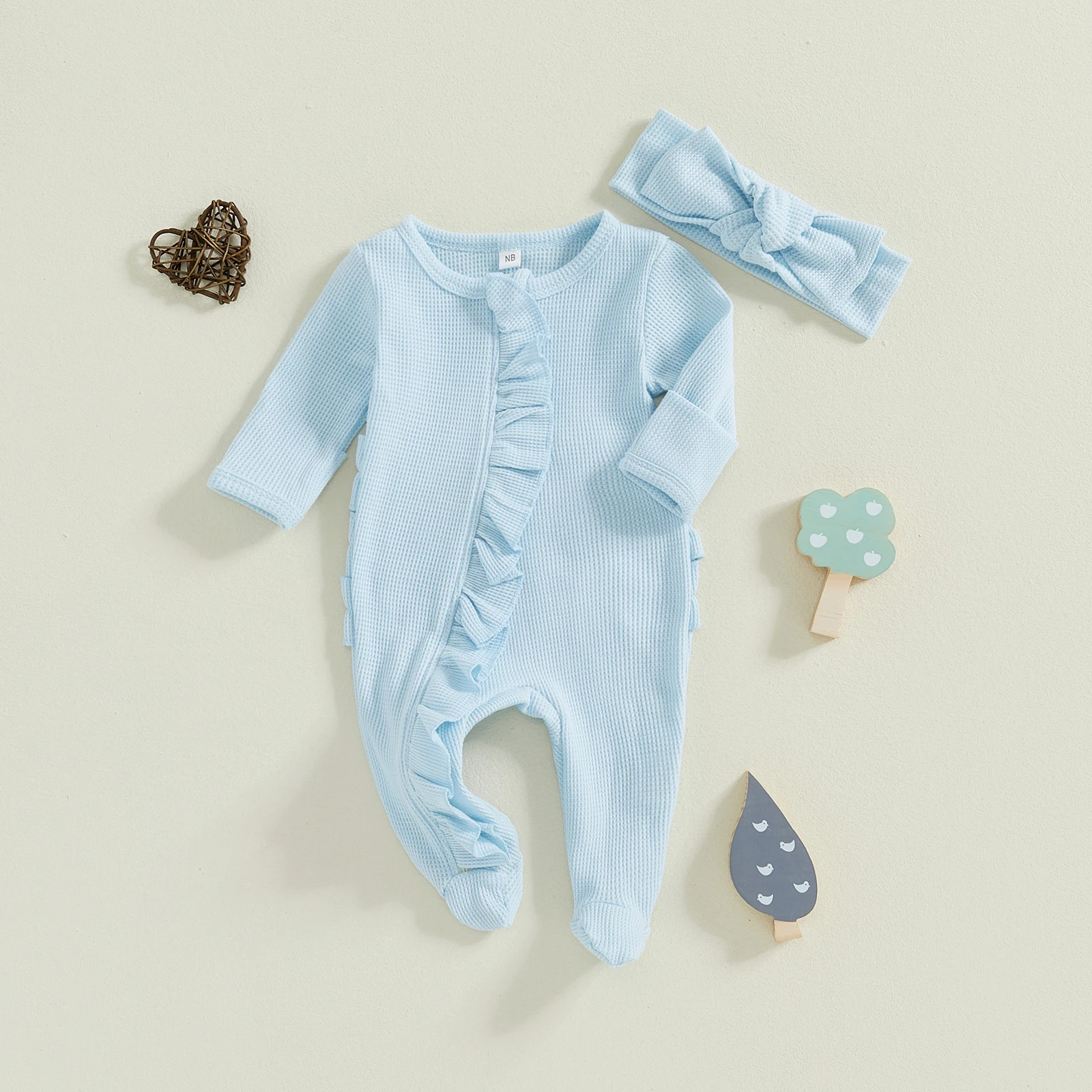 Baby Girl Fall Footies Outfits Ruffle Trim Long Sleeve Full Length Zipper Footed Romper Bow Headband