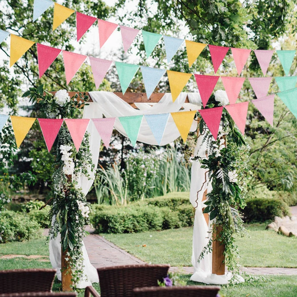 Vintage Colorful Burlap Linen Bunting Flags Pennant 1PC for Happy Birthday Party Wedding Decoration Candy Bar