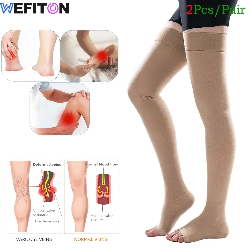 Open Toe Thigh High Compression Stockings with Silicone Band for Women Men 20-30 mmHg Graduated Support for Varicose Veins 1Pair
