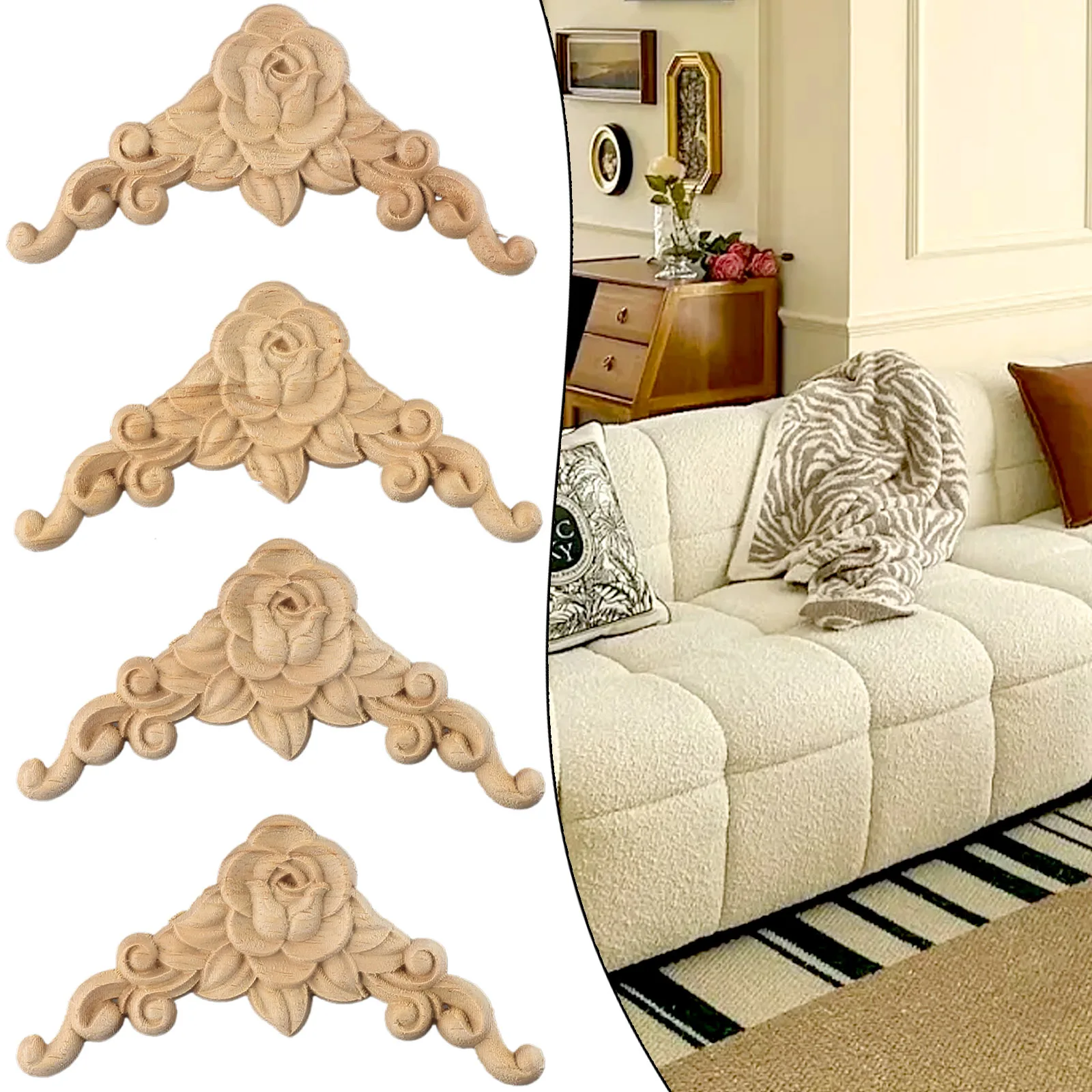 

4pcs Unique Natural-Floral Wood Carved Wooden Figurines Crafts Corner Appliques Frame Wall Door Furniture Woodcarving Decoration