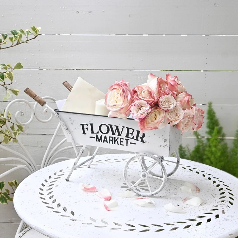 Vintage Wrought Iron Handcart Planter Unique Garden Storage Flower Pot Outdoor Decorative Ornament Courtyard Patio Yard Decor