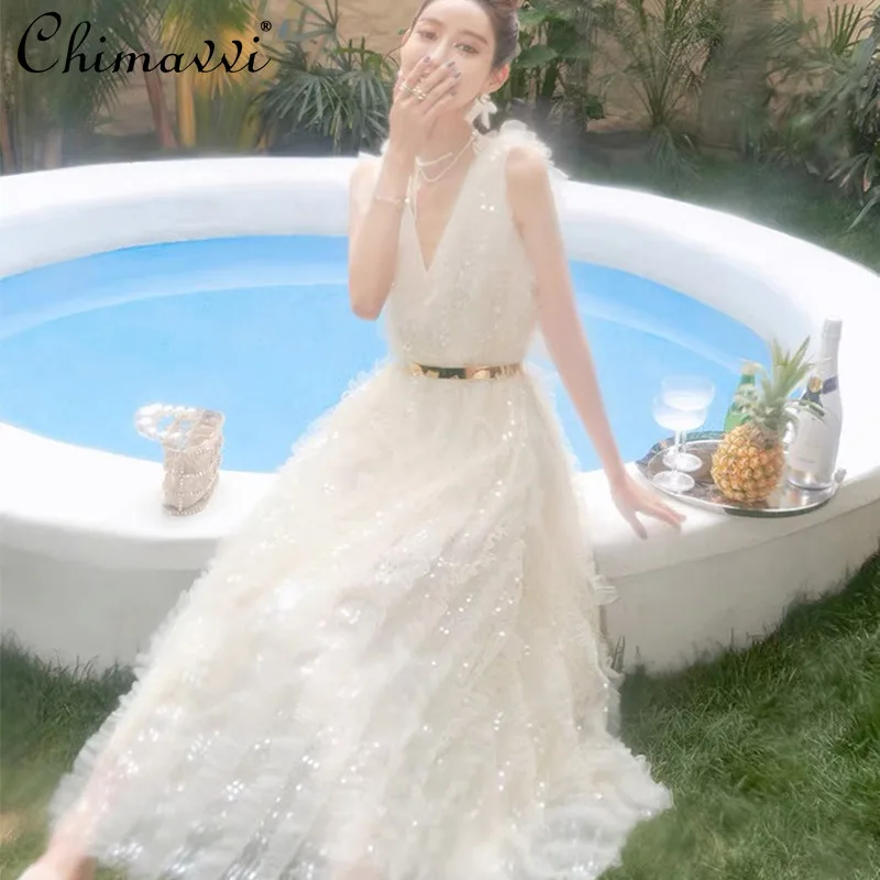 

2022 Summer Fashion New ladies Elegant Deep V-neck Sleeveless Vest Dress women's sexy simple solid ankle-length dress