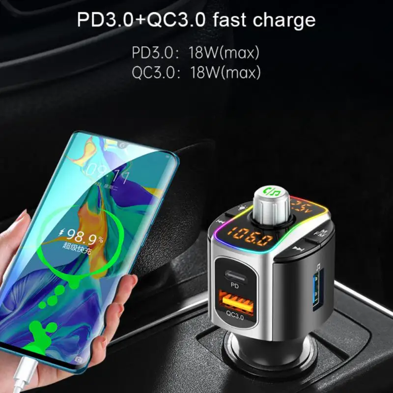 

Fm Transmitter Qc3.0 Fast Charge Multifunctional Car Modulator Dual Screen Display Universal Car Charger Car Bluetooth Mp3