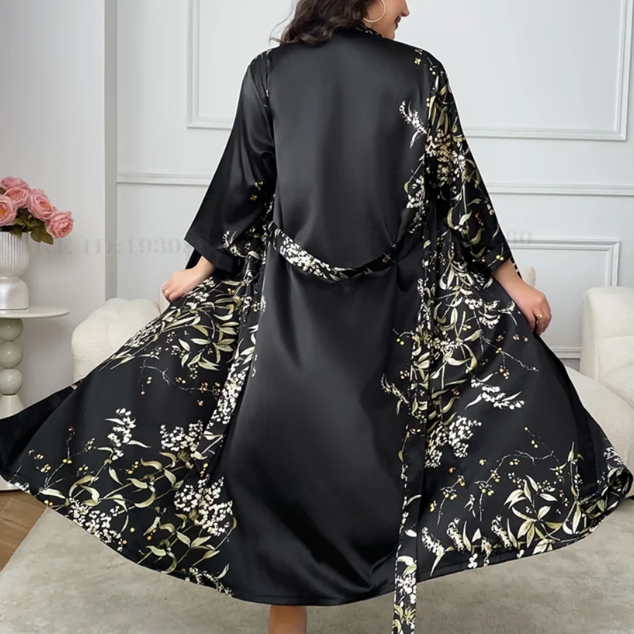 Women Sleepwear Plus Size 3XL 4XL 5XL Long Robe Nightgown Print Cherry Kimono Bathrobe Gown Spring Summer Satin HomeWear women sleepwear,silk robe,sleepwear pajamas,cotton bathrobe