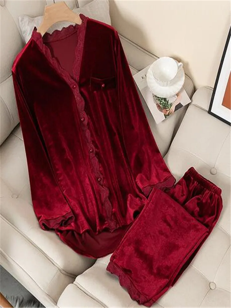New Women Velvet Pajamas Autumn Winter Sleepwear Long Sleeve Casual Nightwear Pyjamas Suit Loose Home Clothes Lace Trim Sleep