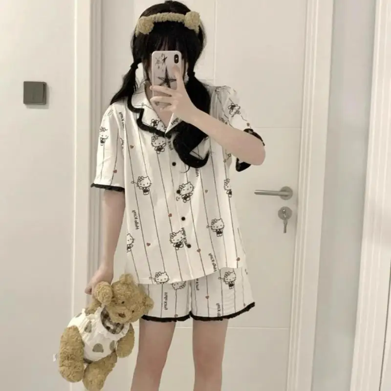 

Kawaii Hello Kitty Slim Pajamas for Women New Cute Printed Short Sleeved Cardigan Shorts for Home Wear Set for Women Accessories