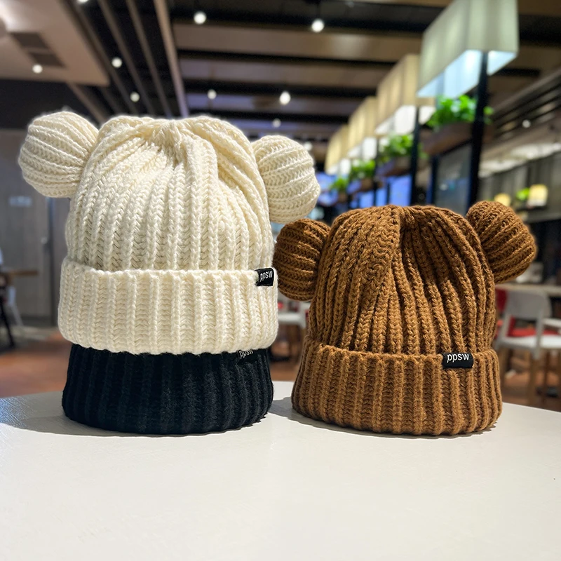 

Little Bear Ears Cute Woolen Hat Ladies Autumn Winter Warm Ear Protection Hats Street Photo Fashion Loose Elastic Knit Cold Cap