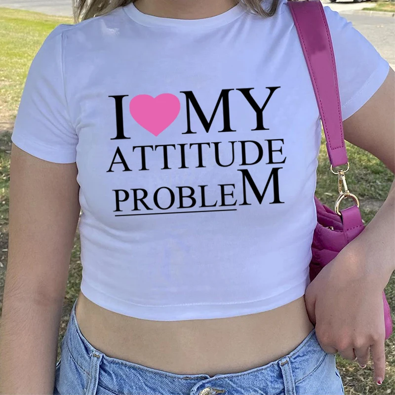 

Women Y2k Crop Tops I Love Attitude Problem T-Shirts Letter Printed Aesthetic Casual Short Sleeve Streetwear Baby Tee Grunge