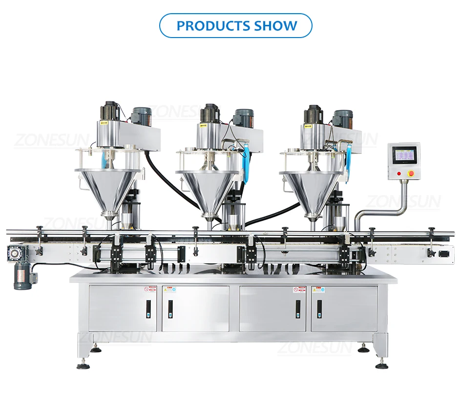 ZONESUN ZS-FM4A Auto 3 Head Auger Filler Servo Motor Flour Milk Chili Cocoa Ground Coffee Powder Filling Machine for Bottle Jar