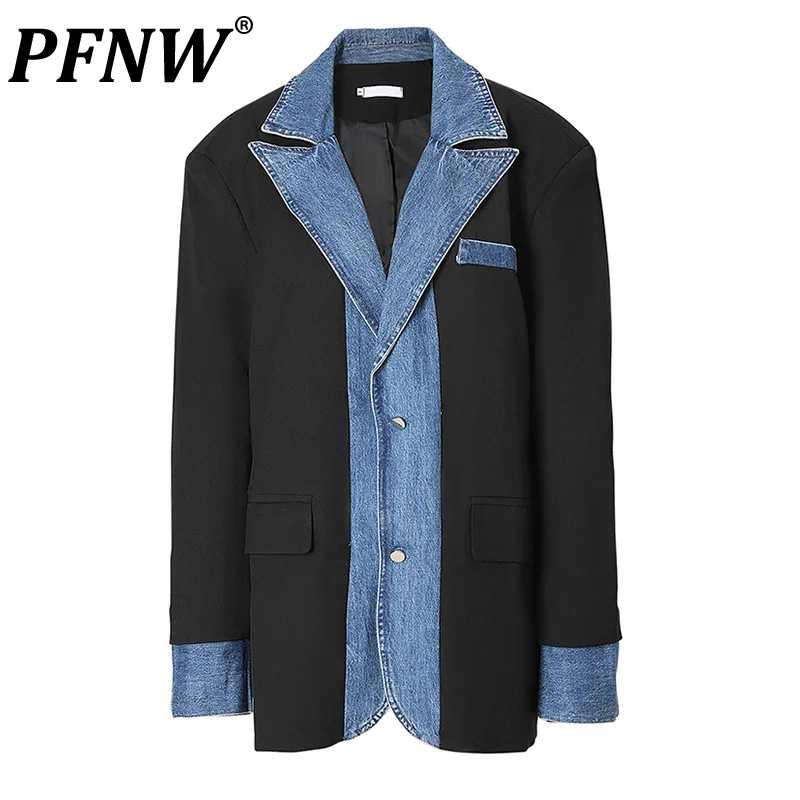 

PFNW Darkwear Men's Spring Deinm Spliced Big Size Blazers New Lapel Long Sleeve Loose Fit Jackets Fashion Autumn 2023 1DF3061