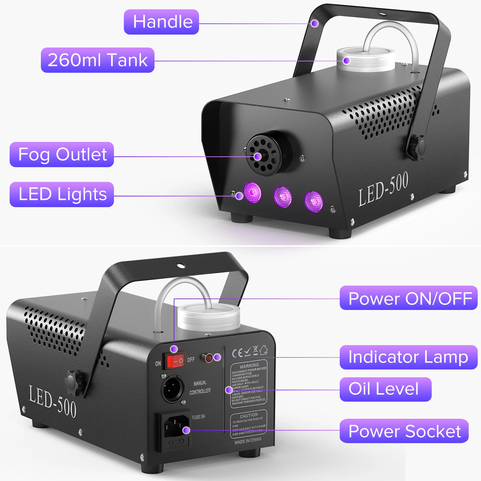 Mini Smoke Machine U'King 500W Smoke Machine RGB LED Fog Machine Stage Lighting Effect with Remote Control Fogger For Wedding DJ Show Bar Party