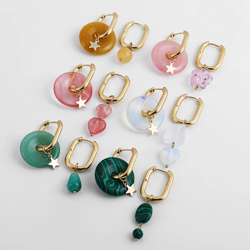 Boho Multicolor Natural Stone Star Heart Pendant Earrings Geometric Oval Hoop Huggies for Women Detachable Jewelry