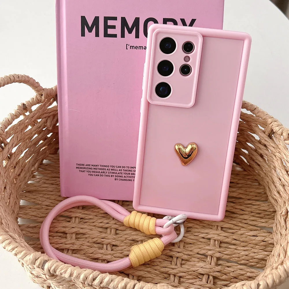 3D Gold Heart Love Wrist Strap Phone Case Cover