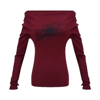 T-Shirts Grunge imprimés gothiques pour femmes, manches longues, épaules dénudées, vêtements Y2K, chemise Streetwear, Style coréen, haut court Vintage 6