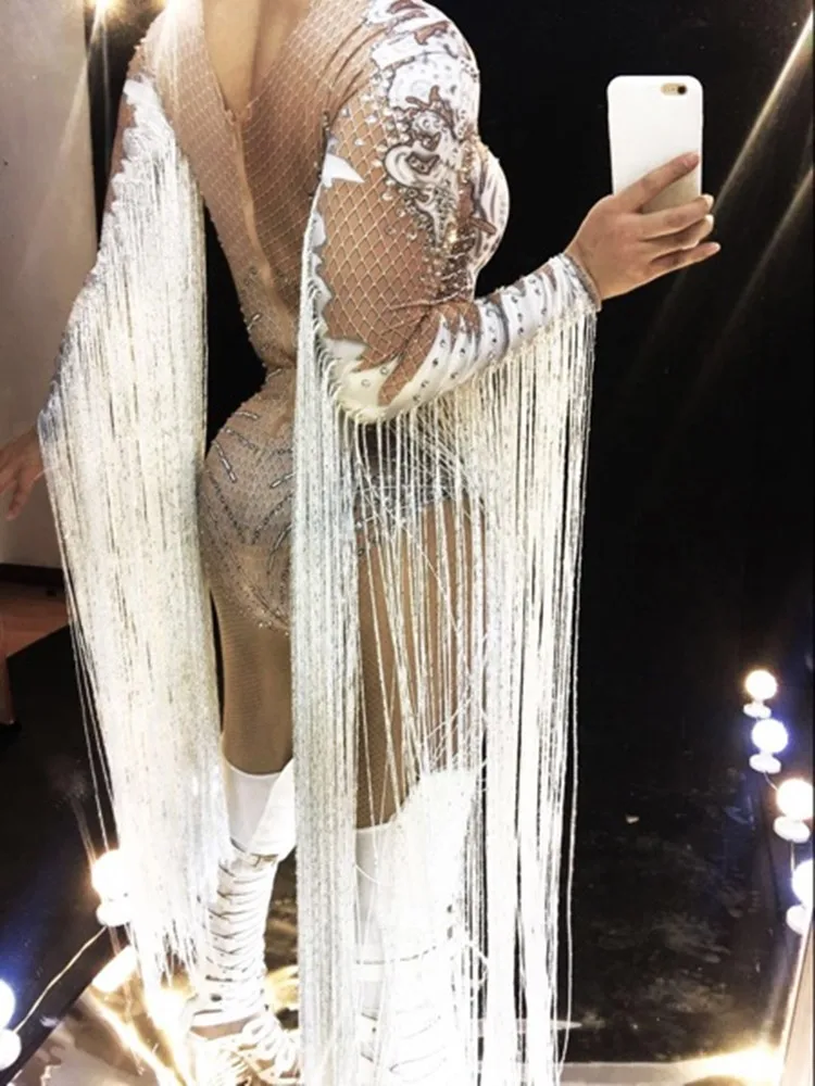 Female Jumpsuit Crystals Fringe Tassels Sleeve Stones Bodysuit For Singer Dancer Nightclub Stage Party