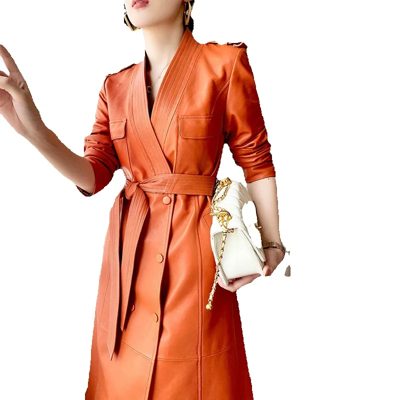 

Дизайнерская куртка Chunxin из натуральной кожи с V-образным вырезом для женщин, длинная облегающая ветровка на шнуровке из овчины