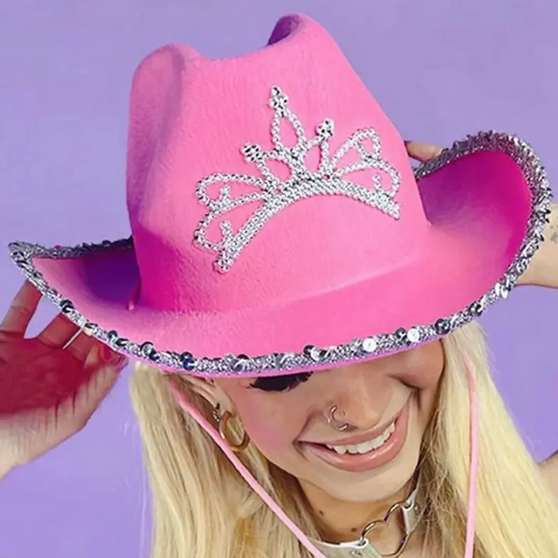 Crown Pink West Cowboy Hat Western Cowgirl Stetson Women Girls Feather Edge Shiny Sequins Tiara Cowgirl Hats Party Fedora Caps cowboy hats cowgirl hats