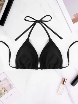 1Pc Women's Sexy Bikini Top Bra Swimsuit Summer Beach Style Solid Color Hanging Neck Bareback Strap Bikini Swimsuit Bra Swimsuit