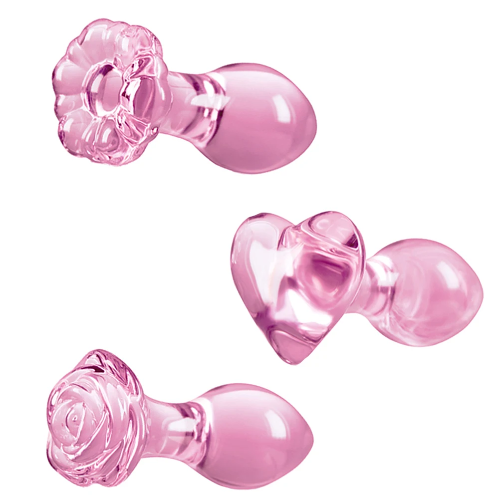 Small Pink Glass Butt Plug Crystal Huge Ball Anal Beads Fake Penis Heart Rose Glass Anus Dildo Set Adult Masturbation Toy